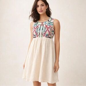 Gryphon Anthropologie Womens Fit & Flare Dress Beige Empire Waist Knee Length